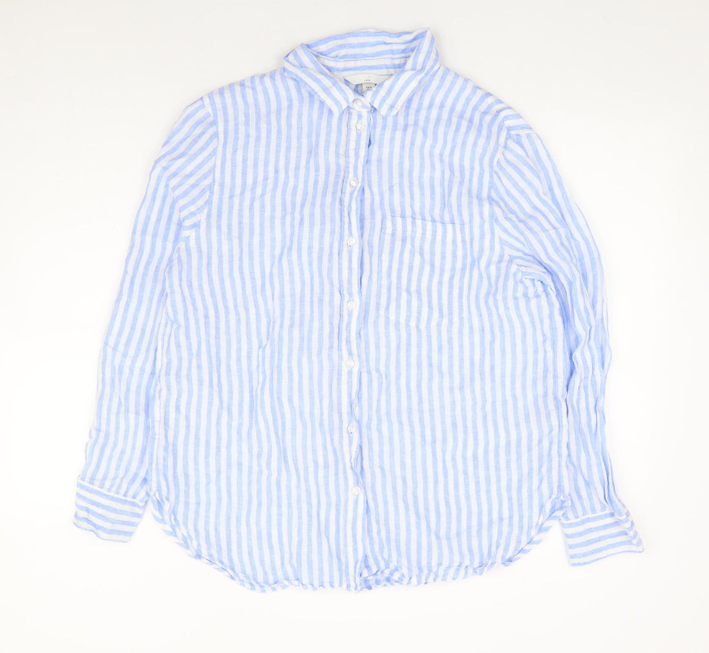 H&M Womens Blue Striped Linen Basic Button-Up Size M Collared