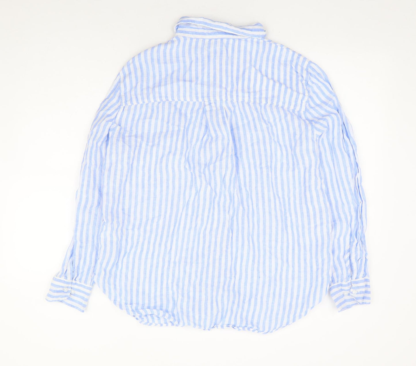 H&M Womens Blue Striped Linen Basic Button-Up Size M Collared
