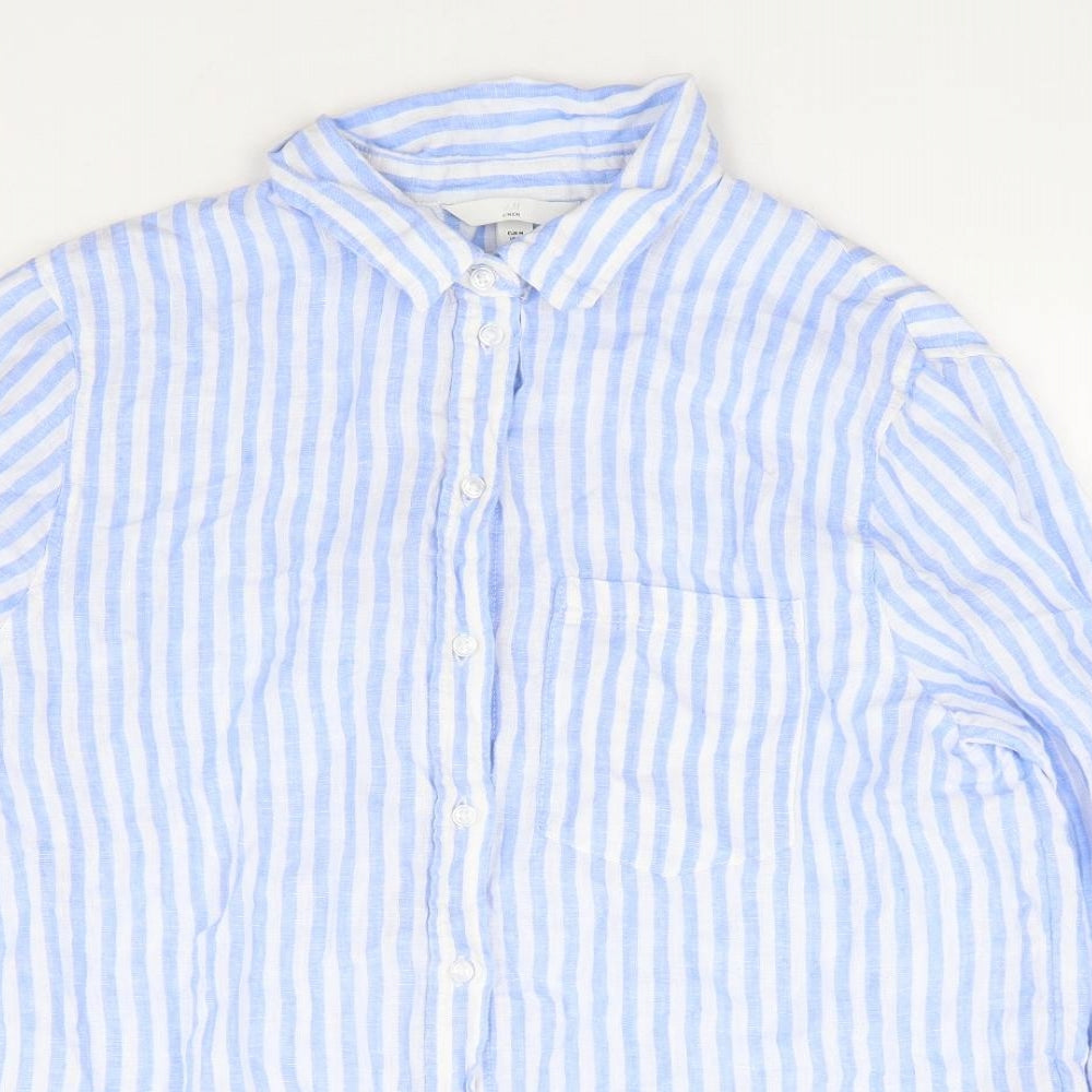 H&M Womens Blue Striped Linen Basic Button-Up Size M Collared