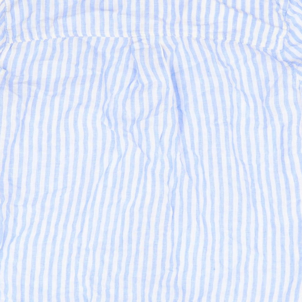 H&M Womens Blue Striped Linen Basic Button-Up Size M Collared