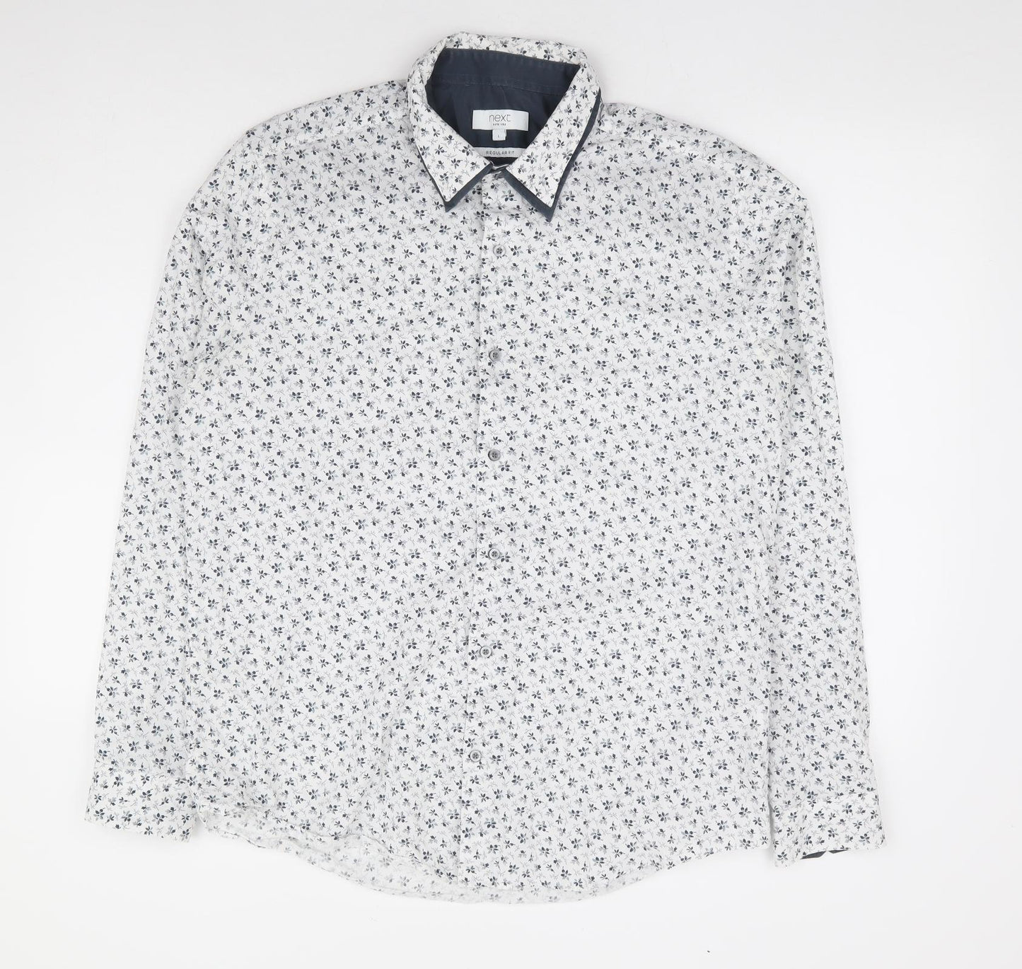 NEXT Mens White Floral Cotton Button-Up Size L Collared Button
