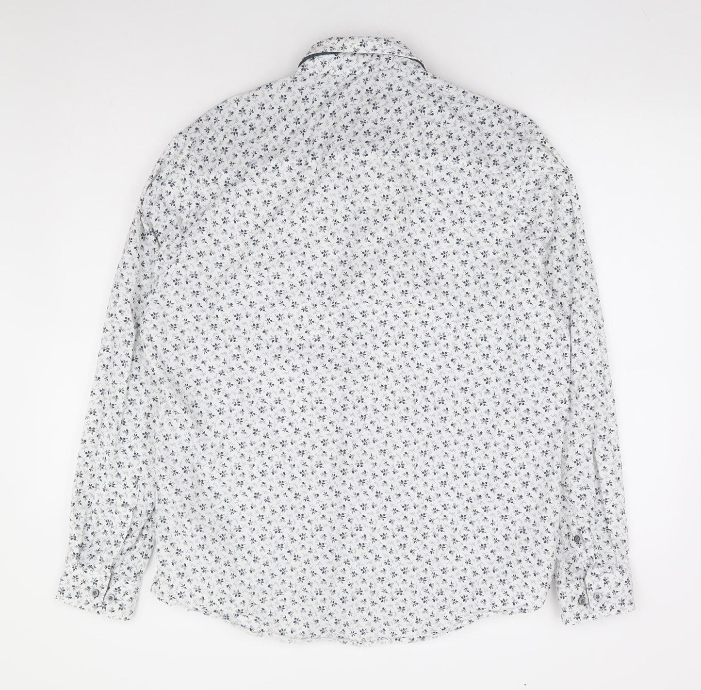 NEXT Mens White Floral Cotton Button-Up Size L Collared Button