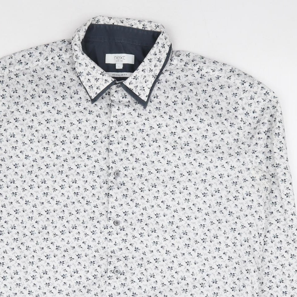 NEXT Mens White Floral Cotton Button-Up Size L Collared Button