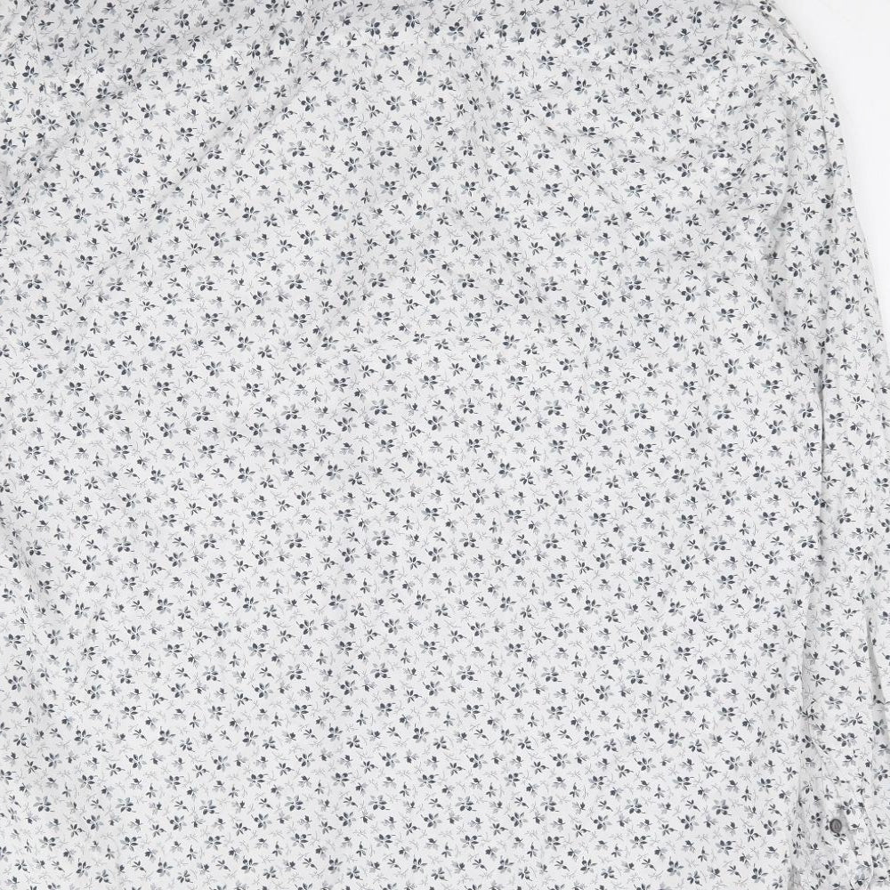 NEXT Mens White Floral Cotton Button-Up Size L Collared Button