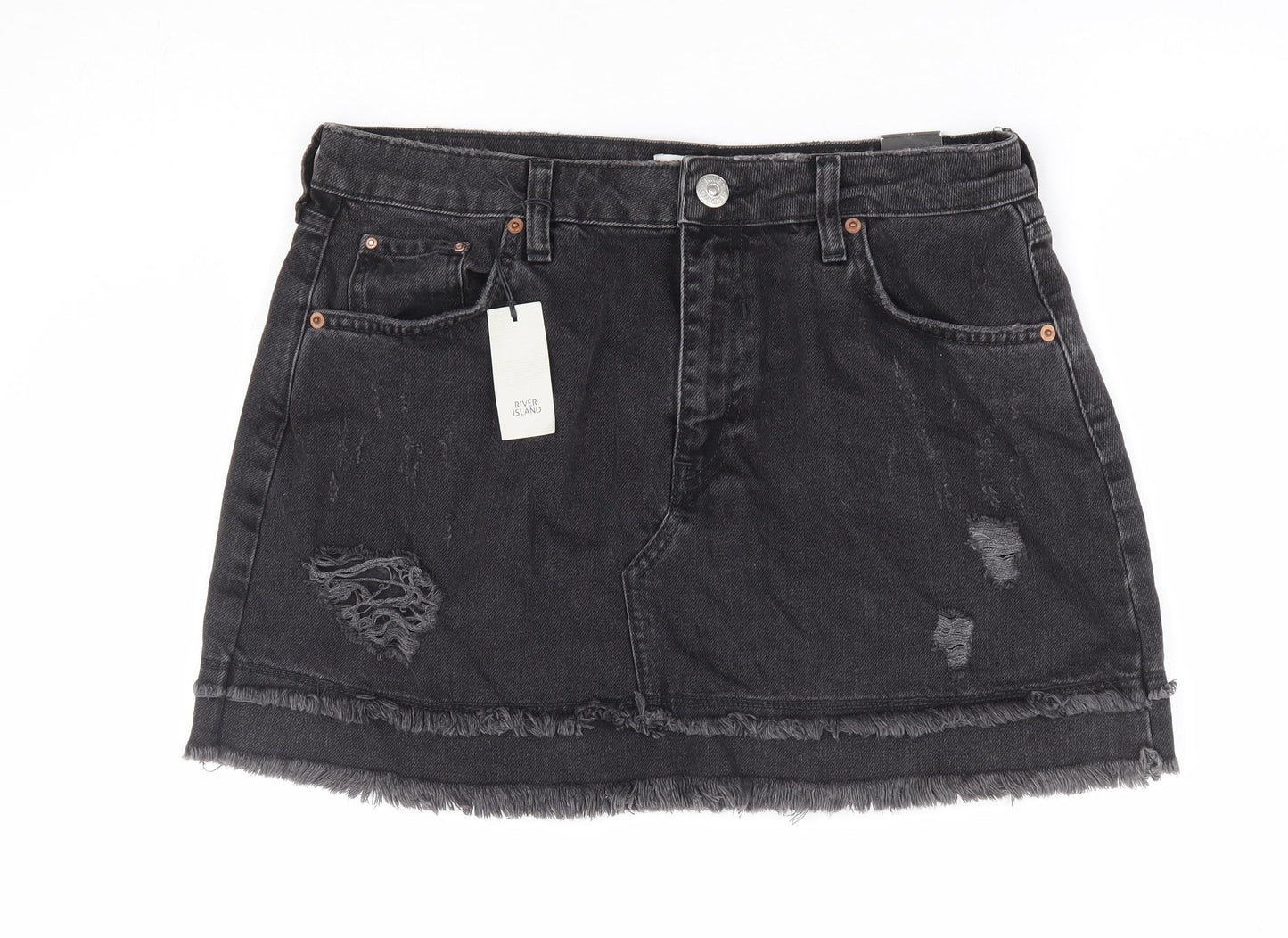 River Island Womens Black Cotton Mini Skirt Size 14 Zip - Distressed