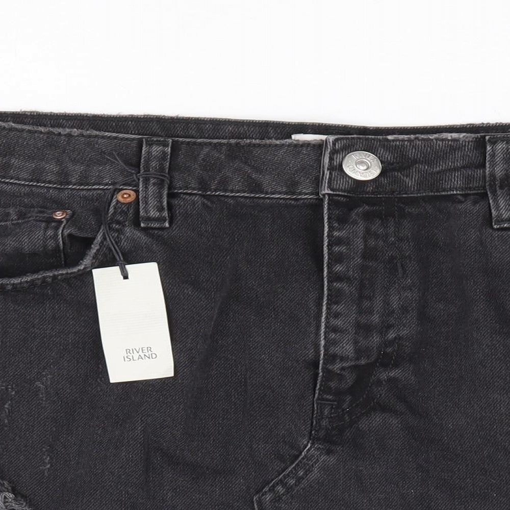River Island Womens Black Cotton Mini Skirt Size 14 Zip - Distressed