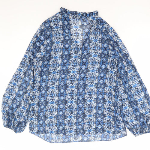 Papaya Womens Blue Geometric Polyester Basic Blouse Size 10 V-Neck