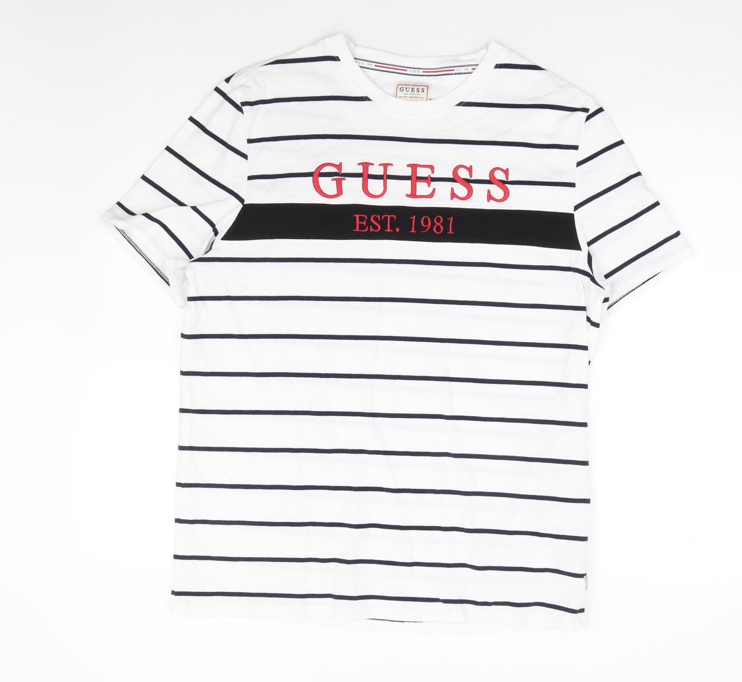 GUESS Mens White Striped Cotton T-Shirt Size S Round Neck