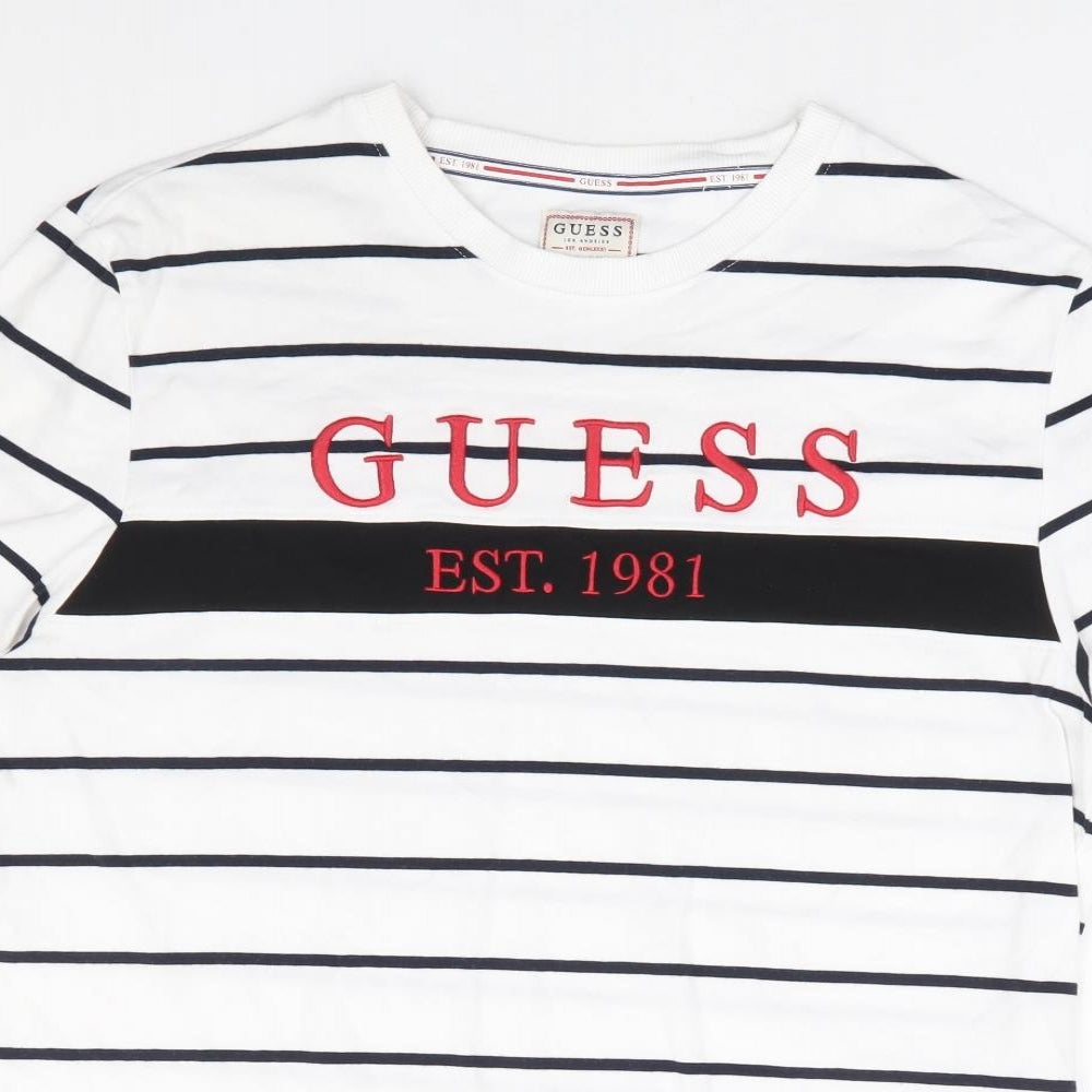 GUESS Mens White Striped Cotton T-Shirt Size S Round Neck