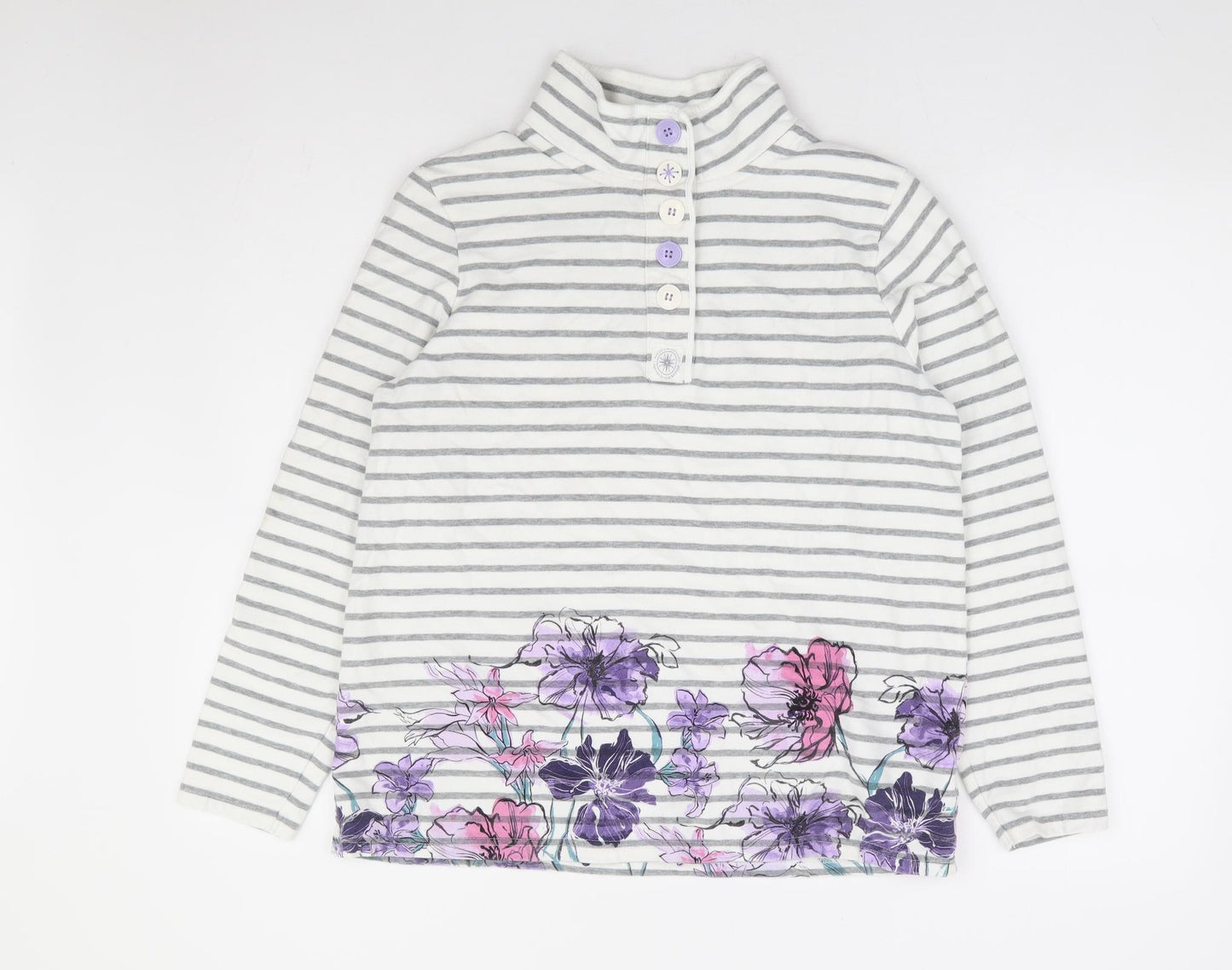 Maine Womens White Striped Polyester Henley Sweatshirt Size M Button - Flowers