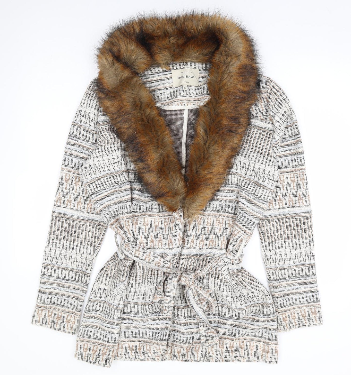 River Island Womens Beige Geometric Jacket Coatigan Size 16 Tie