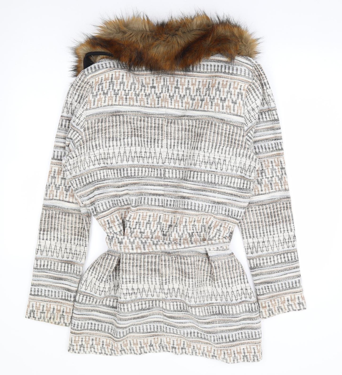River Island Womens Beige Geometric Jacket Coatigan Size 16 Tie