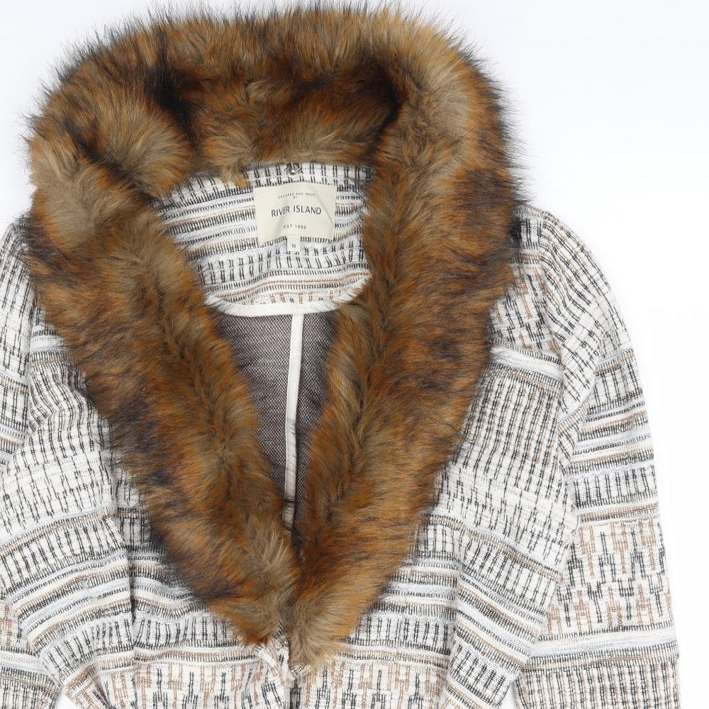 River Island Womens Beige Geometric Jacket Coatigan Size 16 Tie