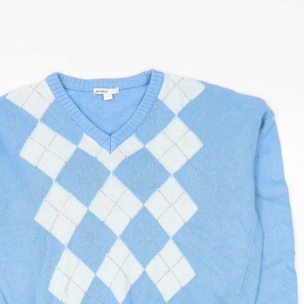 Subdued Womens Blue V-Neck Argyle/Diamond Viscose Pullover Jumper Size S