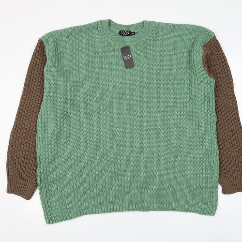BoohooMAN Mens Green Round Neck Acrylic Pullover Jumper Size M