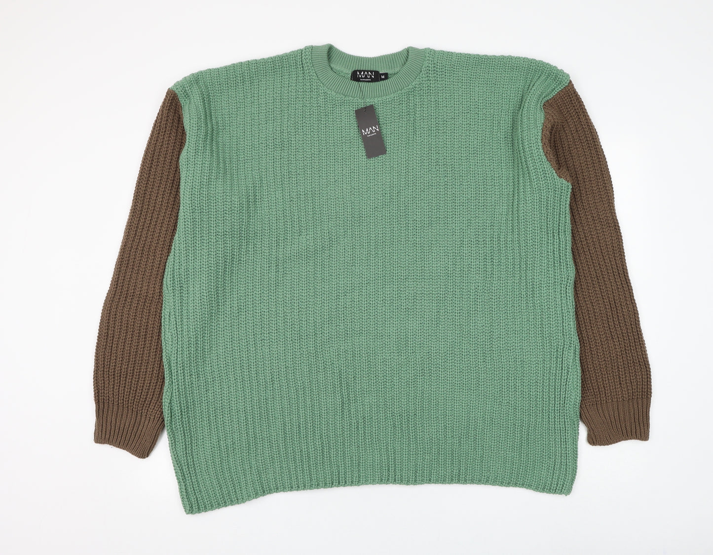 BoohooMAN Mens Green Round Neck Acrylic Pullover Jumper Size M