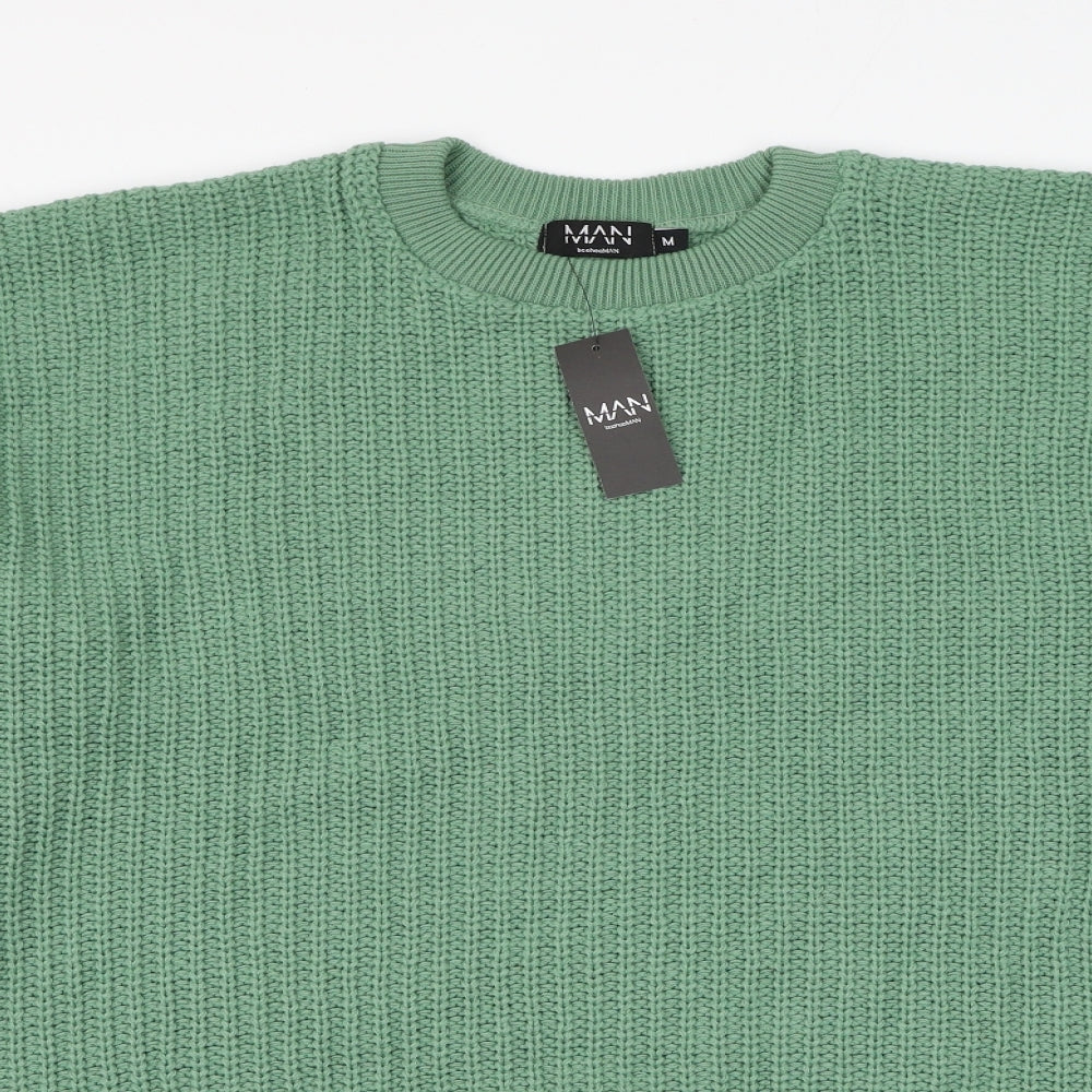 BoohooMAN Mens Green Round Neck Acrylic Pullover Jumper Size M