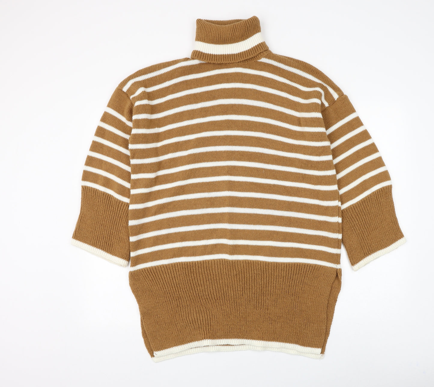 Preworn Womens Brown Roll Neck Striped Polyester Pullover Jumper Size L