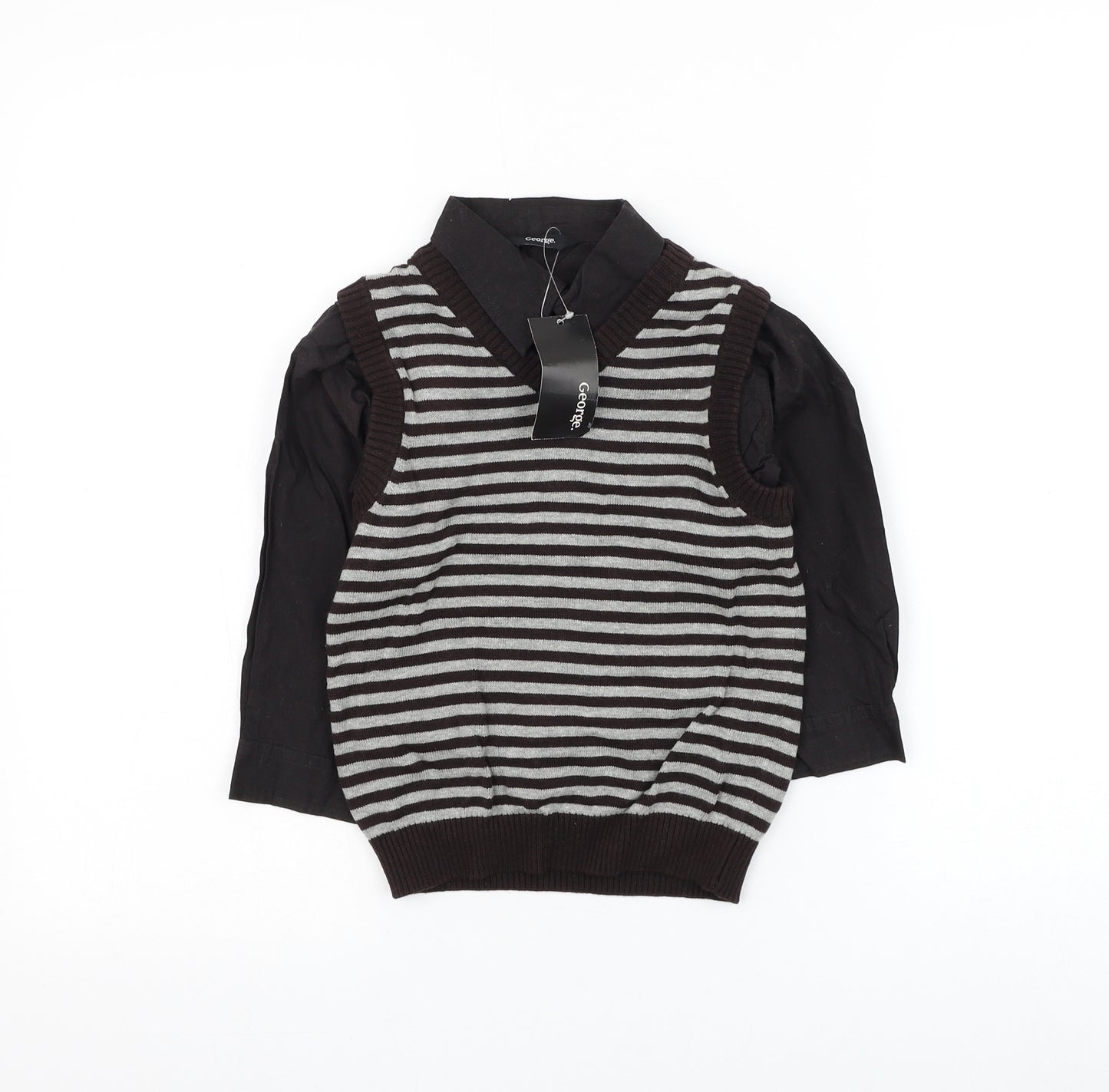 George Boys Brown Collared Striped Cotton Pullover Jumper Size 2-3 Years Pullover - Shirt and Vest
