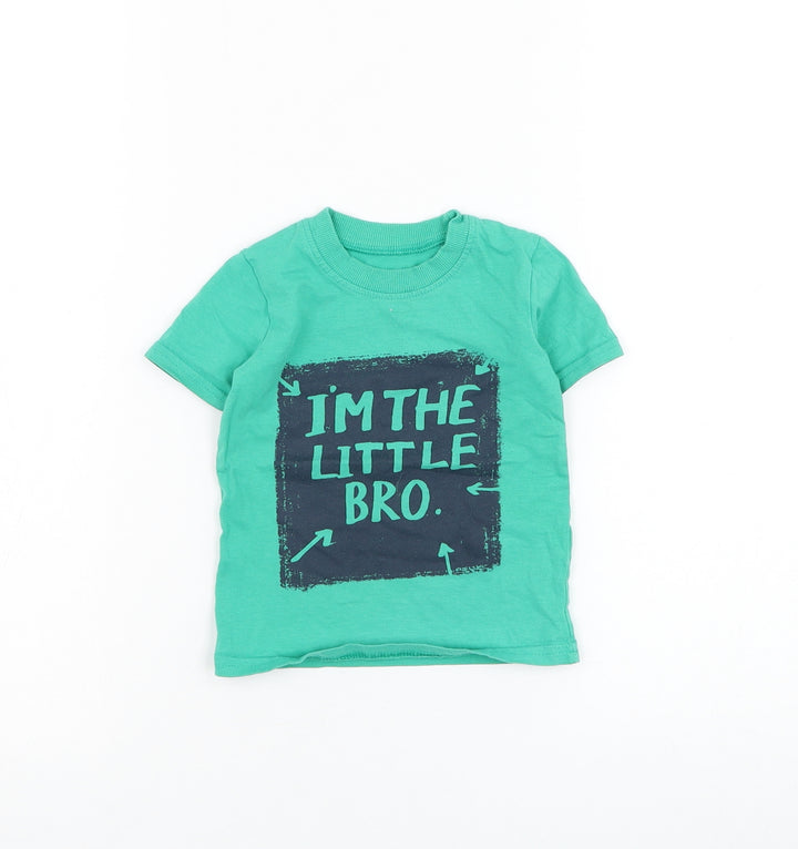 George Boys Green Cotton Basic T-Shirt Size 9-12 Months Round Neck Pullover - I'm The Little Bro
