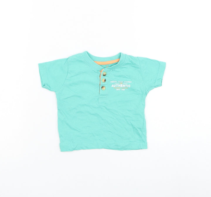 Primark Boys Green Cotton Basic T-Shirt Size 9-12 Months Round Neck Button - Cheeky Chimp Academy
