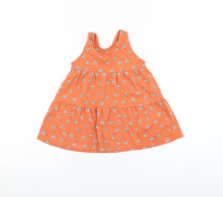 Primark Girls Orange Floral Cotton Shift Size 12-18 Months Round Neck Pullover - Daisy Tiered