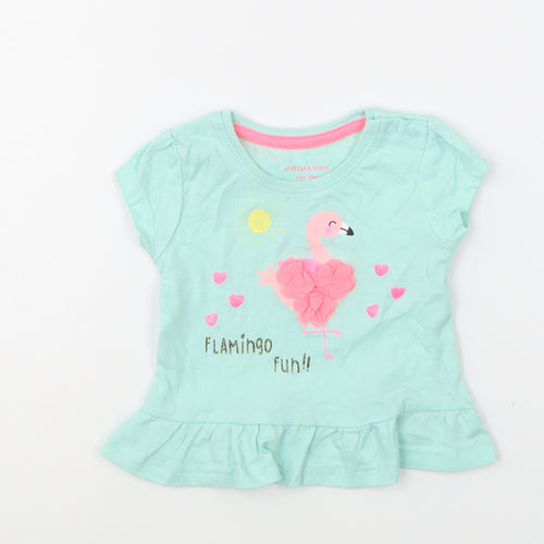 Primark Girls Green Cotton Basic T-Shirt Size 3-6 Months Round Neck Pullover - Flamingo