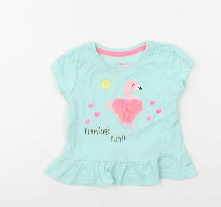 Primark Girls Green Cotton Basic T-Shirt Size 3-6 Months Round Neck Pullover - Flamingo