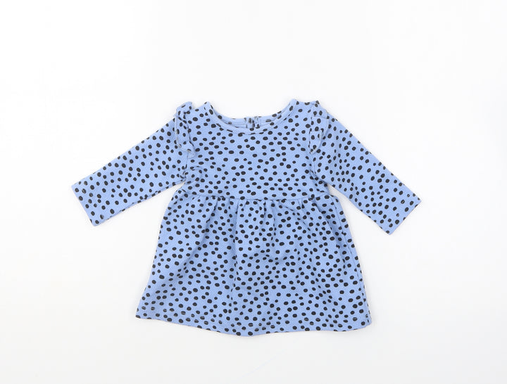 Primark Girls Blue Polka Dot Cotton Skater Dress Size 3-6 Months Round Neck Pullover