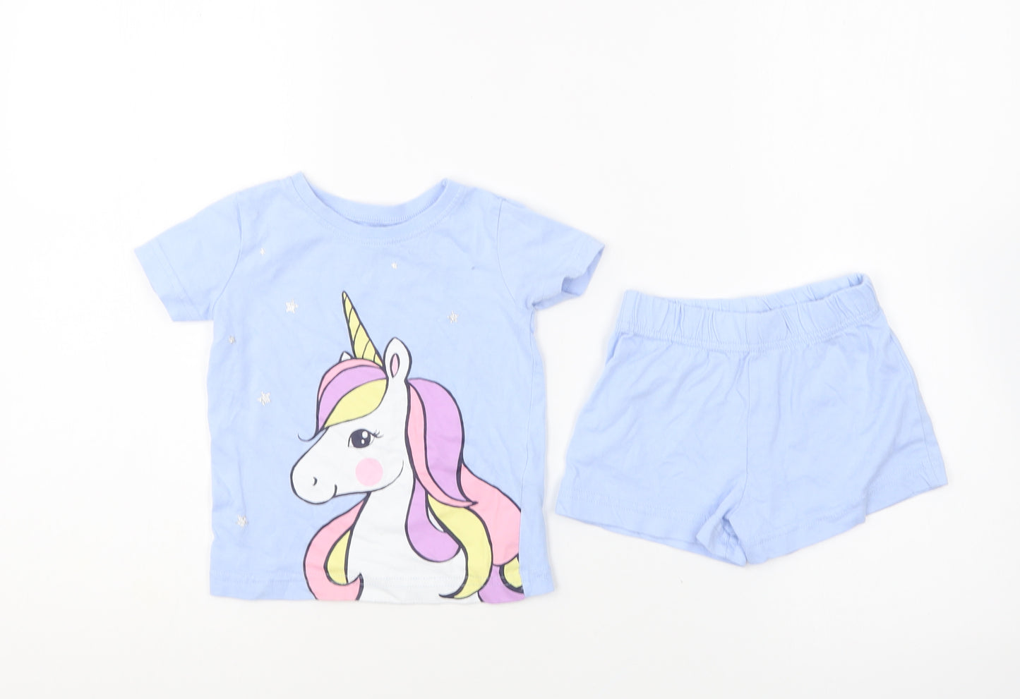 Dunnes Stores Girls Blue Solid Cotton Set Pyjama Set Size 6-9 Months Pullover - Unicorn