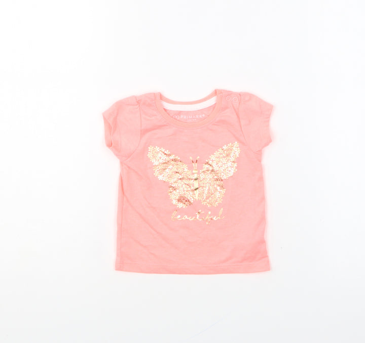 Primark Girls Pink Polyester Basic T-Shirt Size 3-6 Months Round Neck Pullover - Butterfly