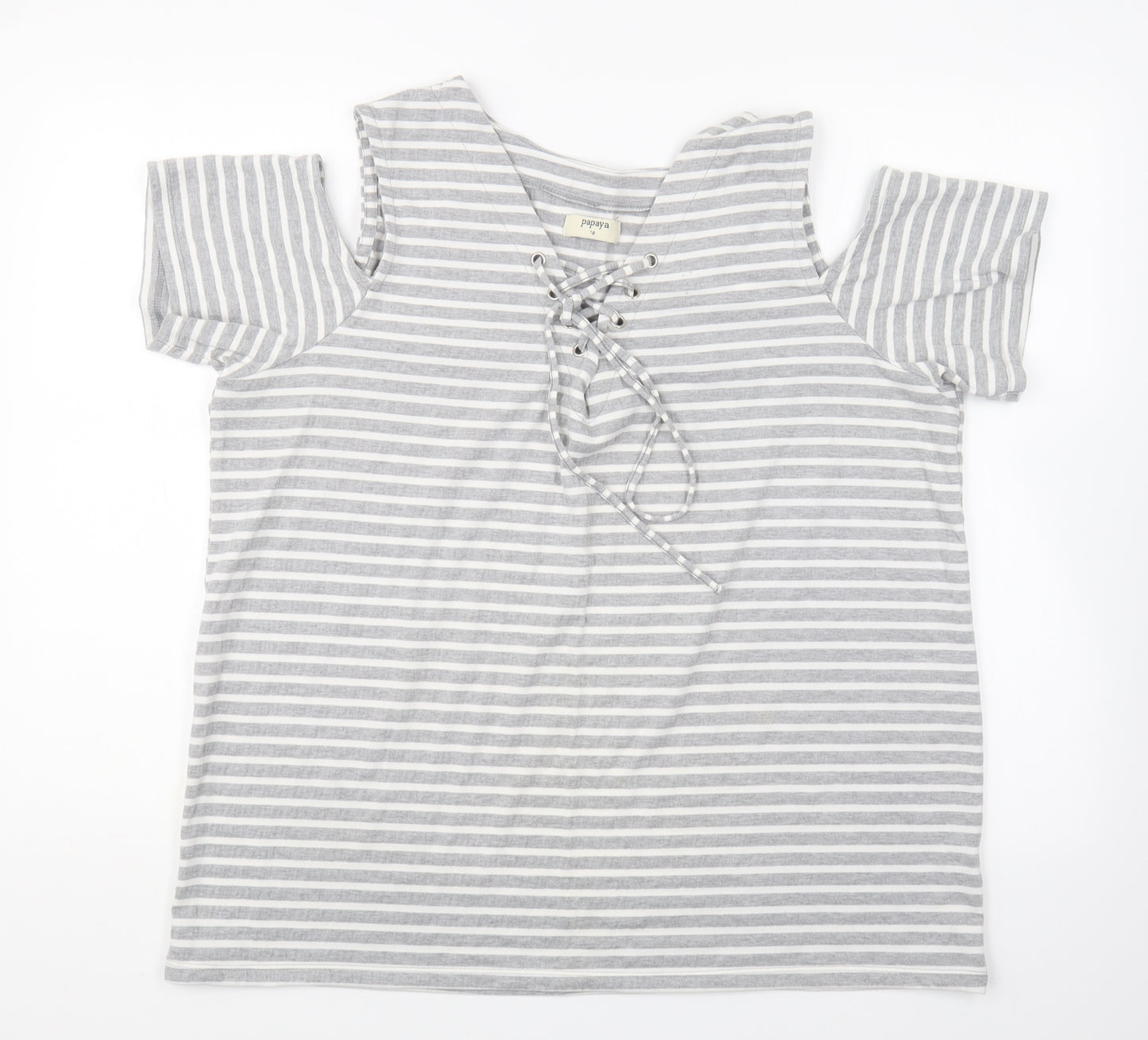 Papaya Womens Grey Striped Cotton Basic T-Shirt Size 18 V-Neck