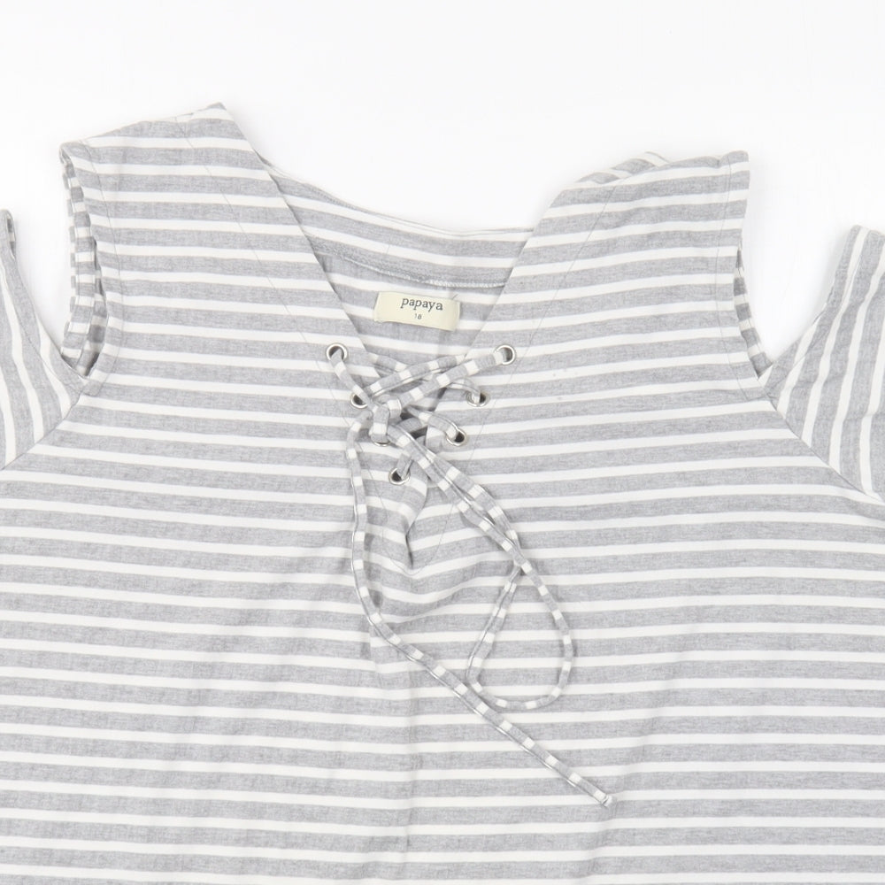 Papaya Womens Grey Striped Cotton Basic T-Shirt Size 18 V-Neck
