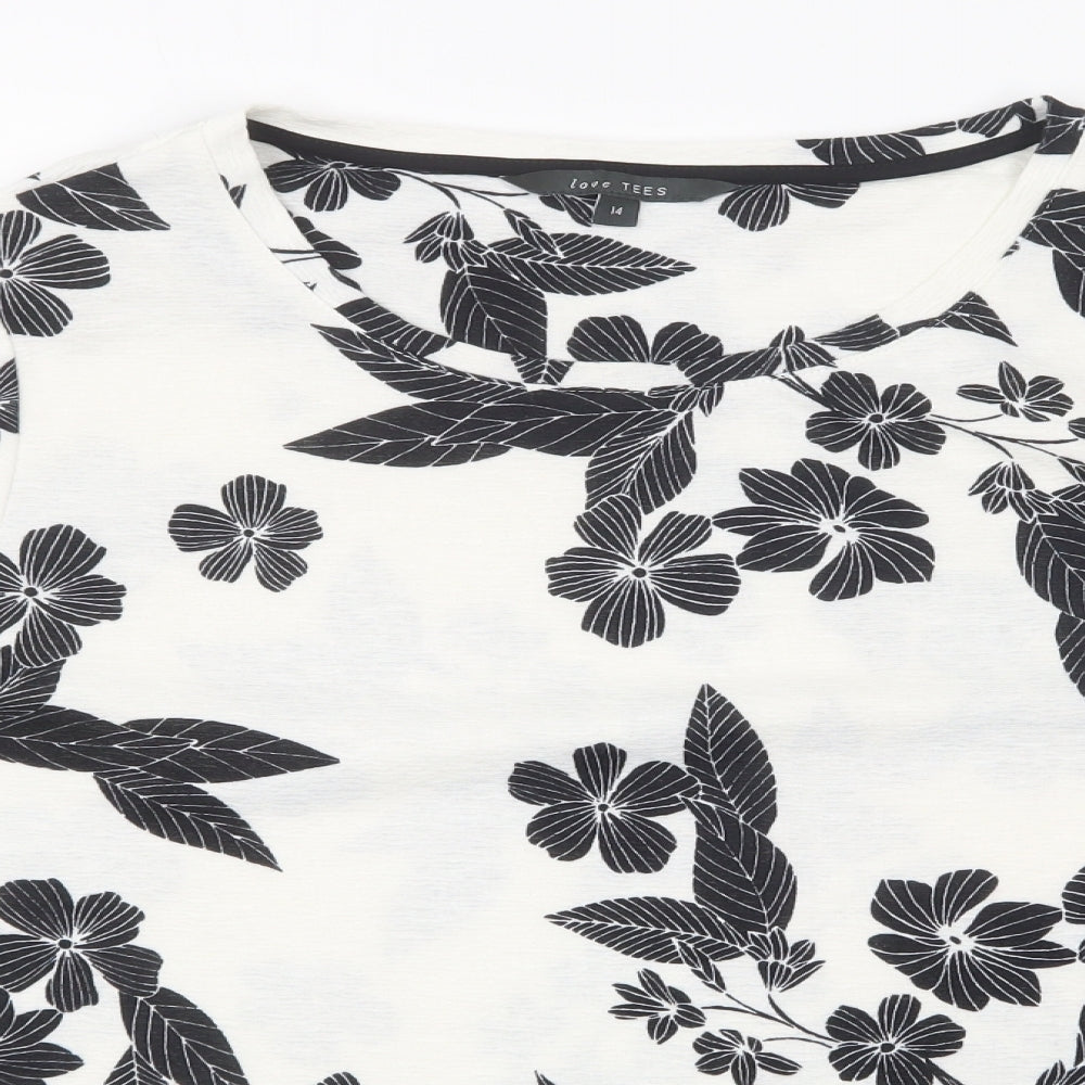Love Tees Womens White Floral Polyester Basic T-Shirt Size 14 Round Neck