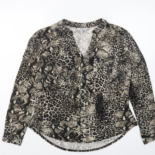 Classic Womens Black Animal Print Polyester Basic Button-Up Size 14 Collared