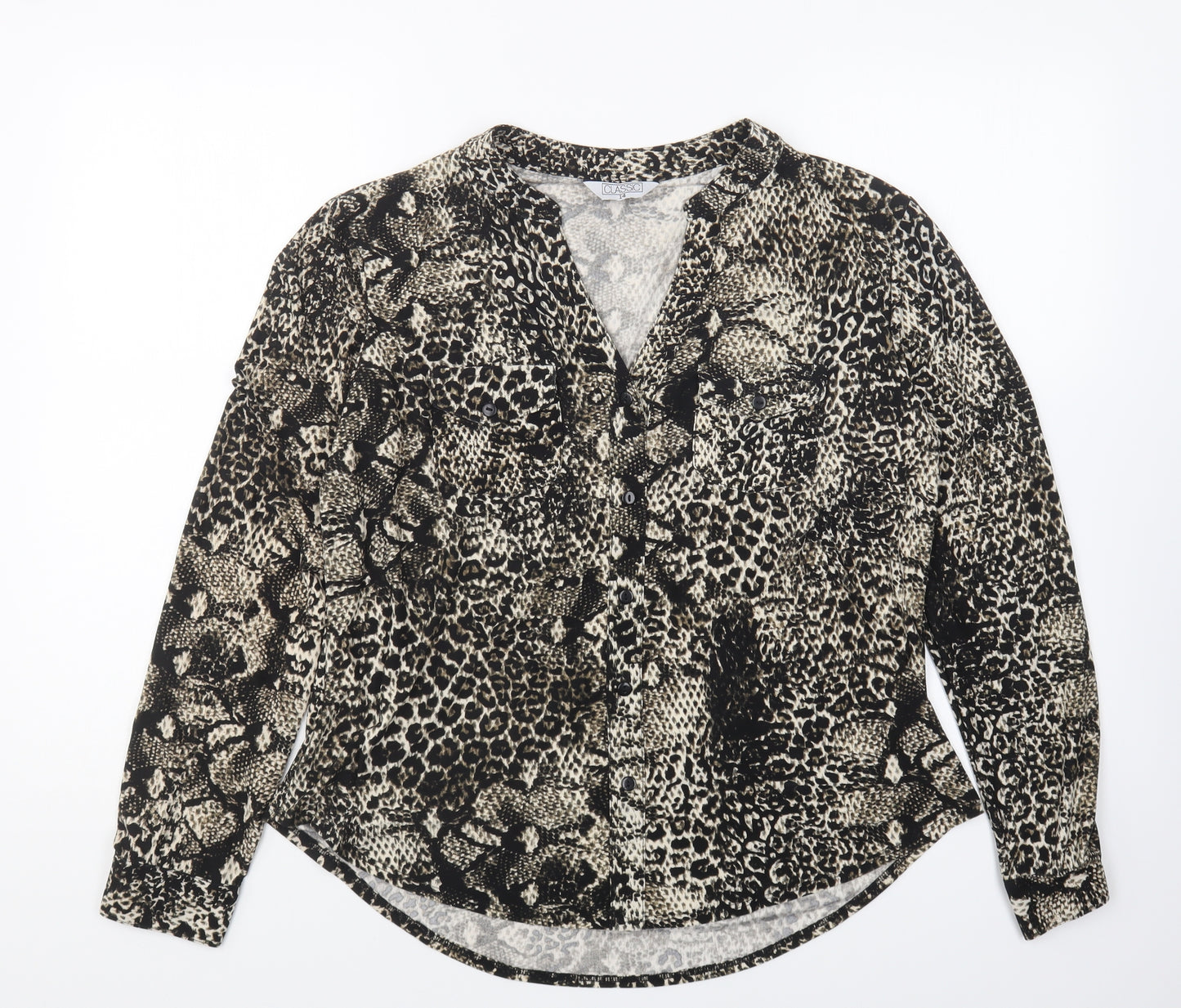 Classic Womens Black Animal Print Polyester Basic Button-Up Size 14 Collared