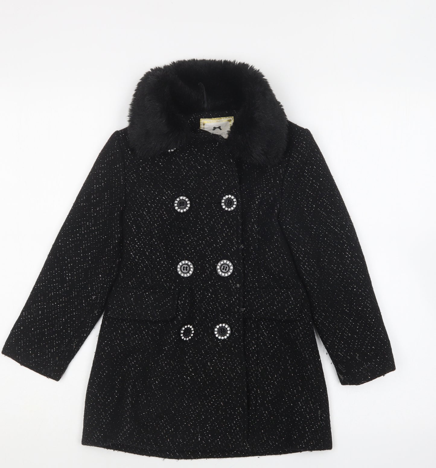 Julien Macdonald Girls Black Overcoat Coat Size 6 Years Button
