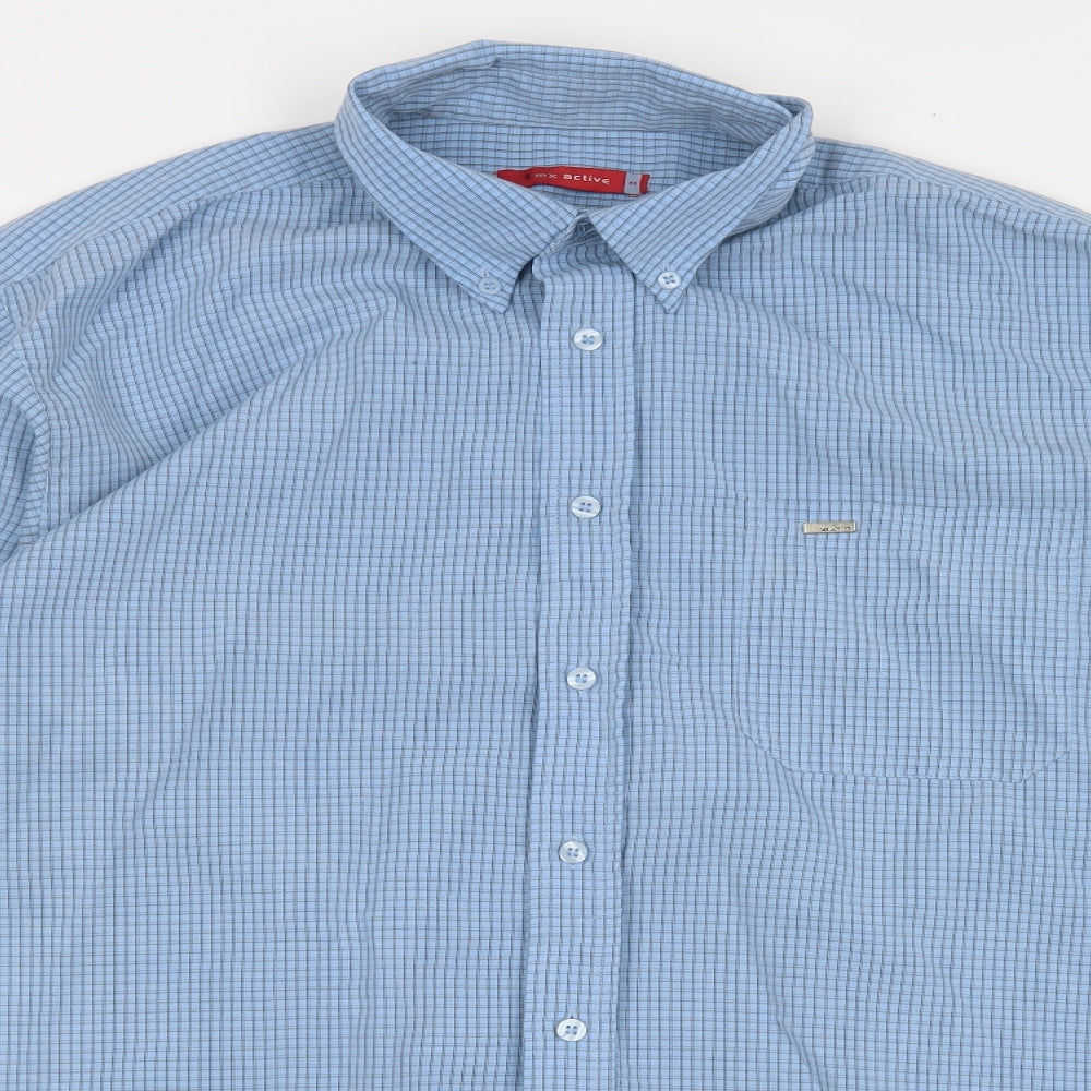 MX Active Mens Blue Striped Polyester Button-Up Size M Collared Button