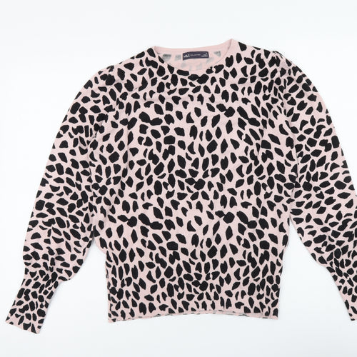 Marks and Spencer Womens Pink Round Neck Animal Print Viscose Pullover Jumper Size 12 - Leopard pattern