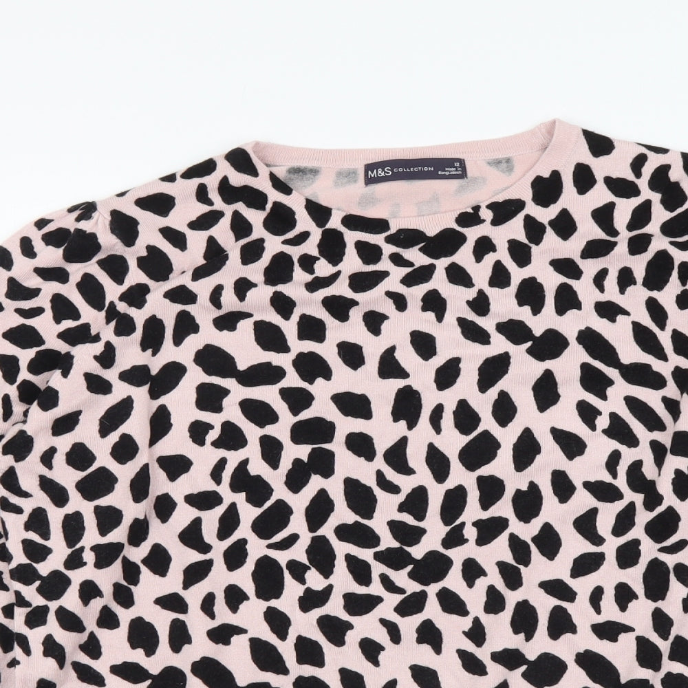 Marks and Spencer Womens Pink Round Neck Animal Print Viscose Pullover Jumper Size 12 - Leopard pattern
