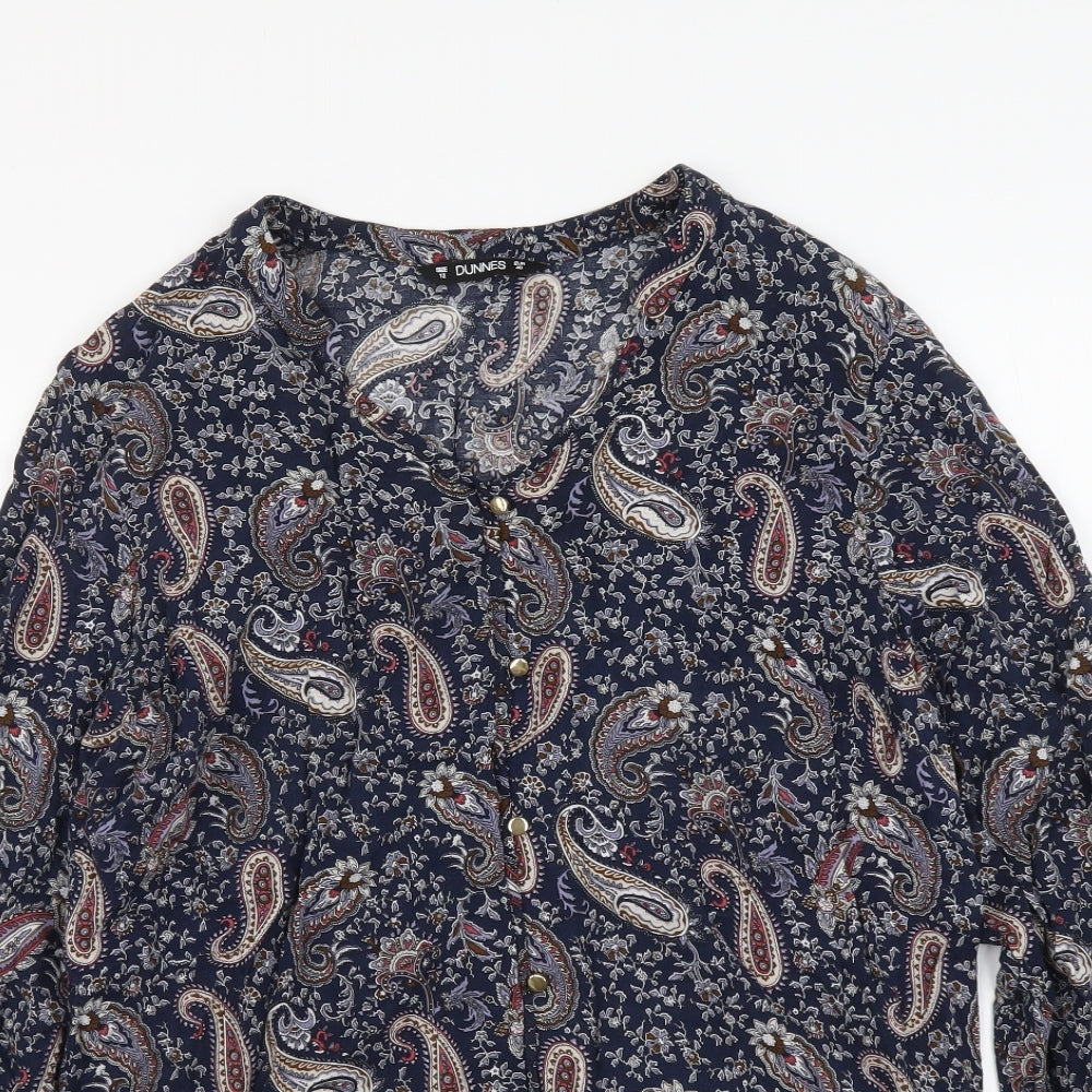 Dunnes Stores Womens Blue Paisley Viscose Basic Button-Up Size 12 V-Neck