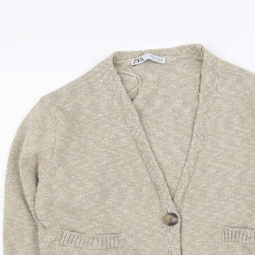 Zara Womens Beige V-Neck Polyester Cardigan Jumper Size M
