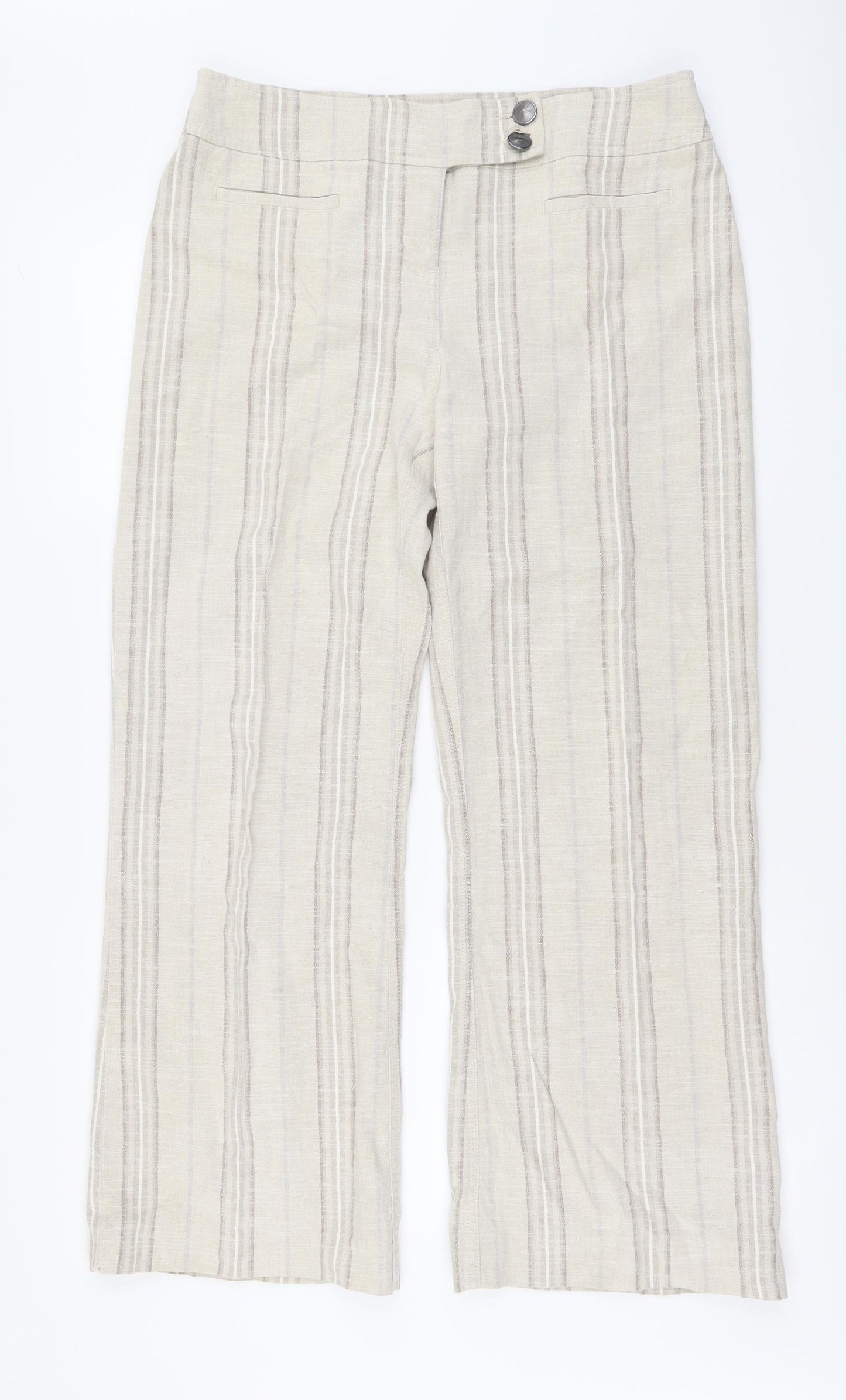 Per Una Womens Beige Striped Linen Trousers Size 14 L28 in Regular Button