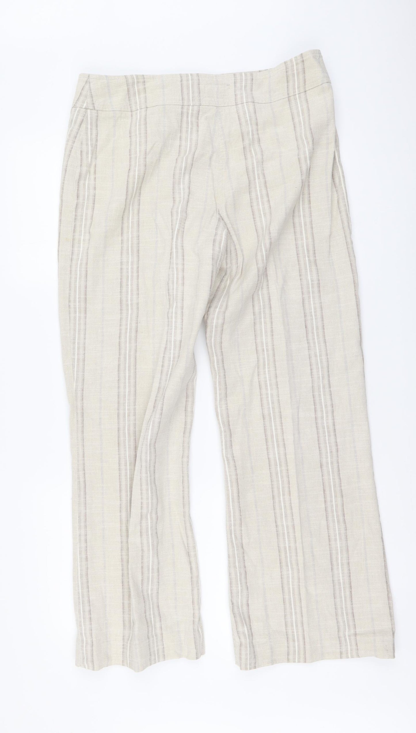 Per Una Womens Beige Striped Linen Trousers Size 14 L28 in Regular Button
