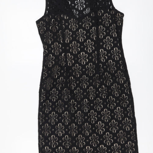 London Times Womens Black Floral Cotton A-Line Size 6 Round Neck Zip