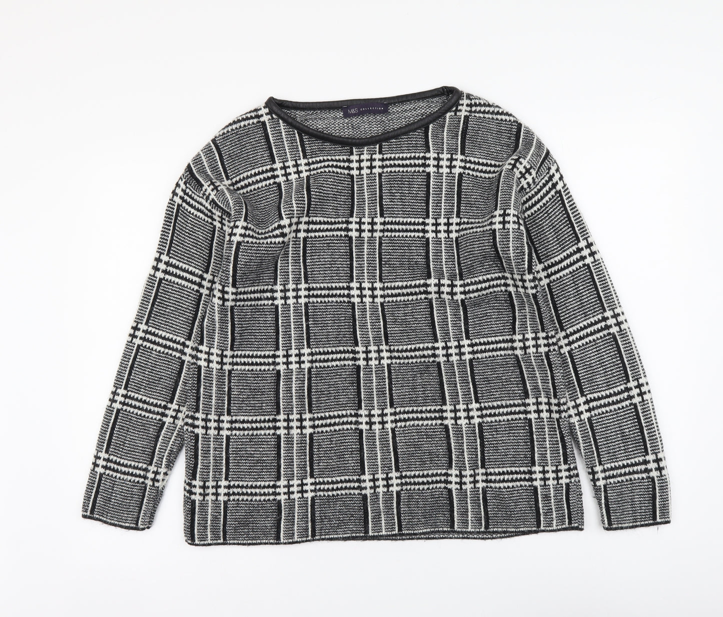 Marks and Spencer Womens Black Round Neck Plaid Acrylic Pullover Jumper Size 12