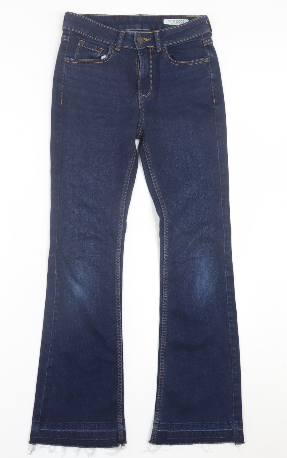 Marks and Spencer Womens Blue Cotton Bootcut Jeans Size 8 L28 in Slim Button - Freyed Hem