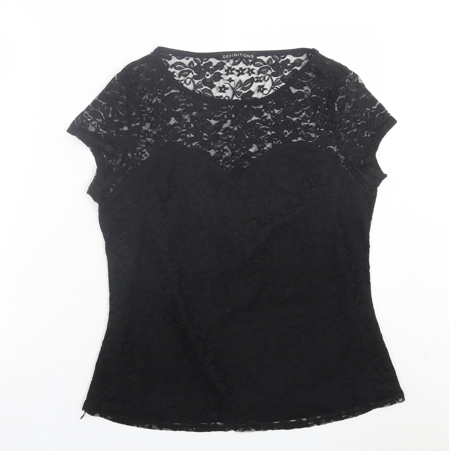 Definitions Womens Black Floral Polyamide Basic T-Shirt Size 14 Crew Neck