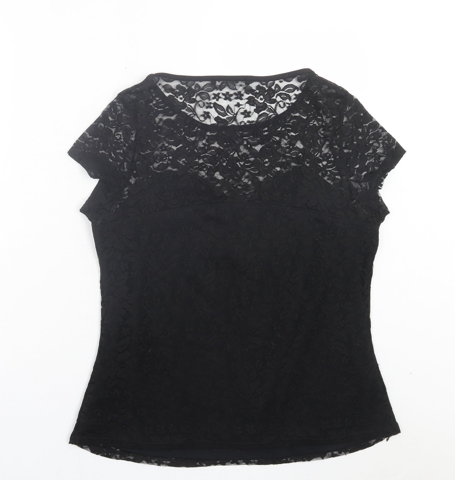 Definitions Womens Black Floral Polyamide Basic T-Shirt Size 14 Crew Neck