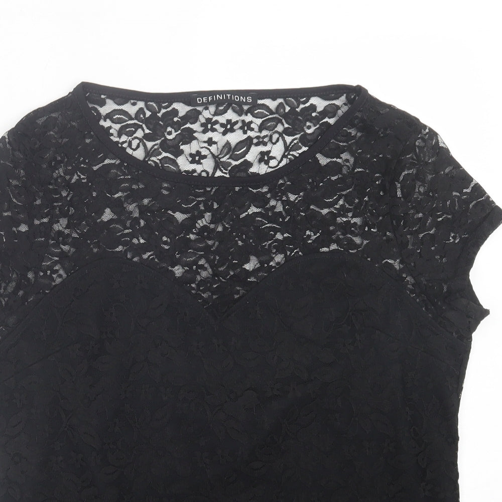 Definitions Womens Black Floral Polyamide Basic T-Shirt Size 14 Crew Neck